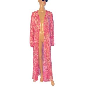 Guess Pink white printed button down sheer maxi dress size large